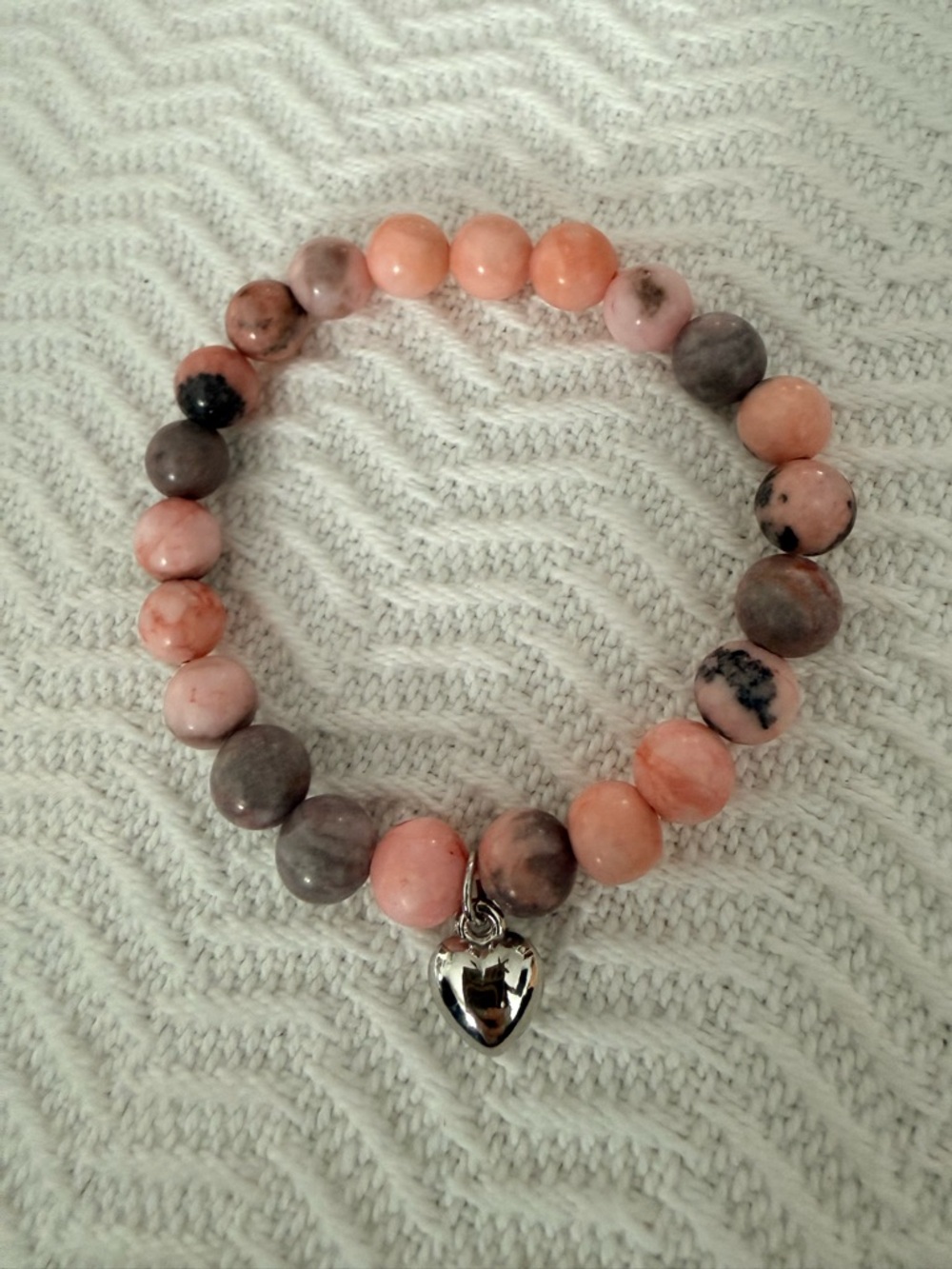 Pink and Gray Stone Beaded Heart Charm Bracelet - Women Jewelry